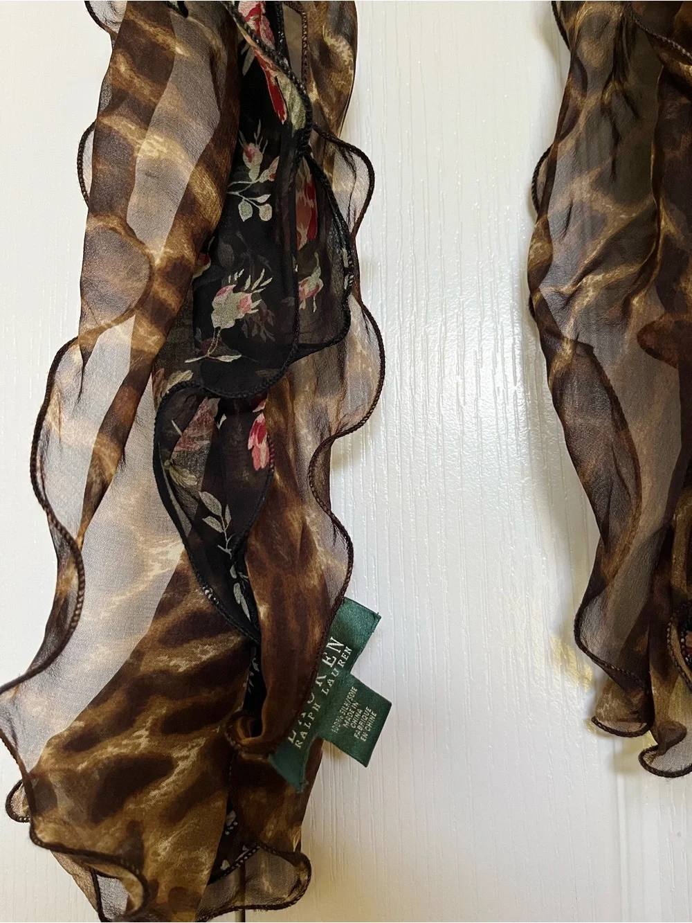 Polo by Ralph Lauren Black Floral & Brown Animal Print Ruffle Scarf